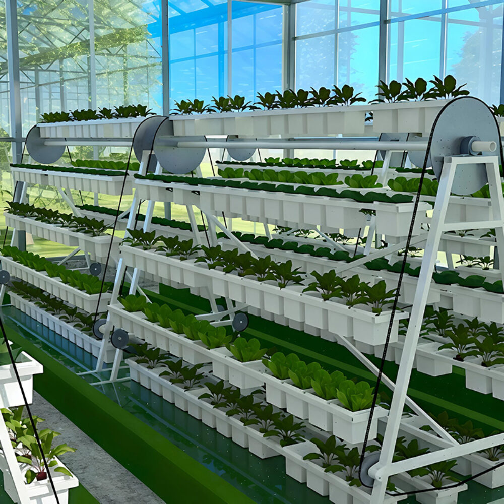The Vertical Hydroponic Greenhouse adopts a multi-layer three-dimensional cultivation frame, compatible