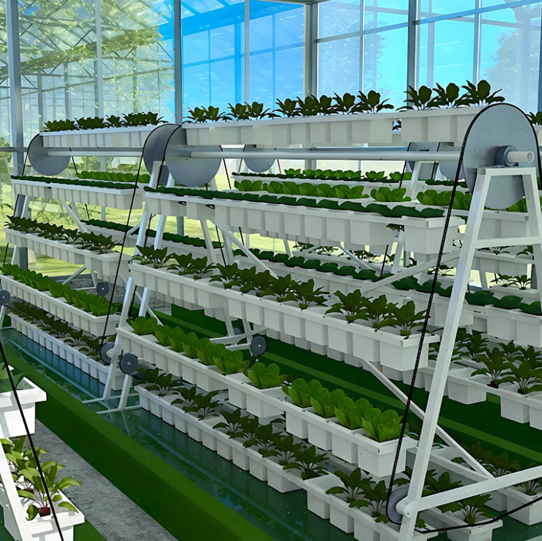 The Vertical Hydroponic Greenhouse adopts a multi-layer three-dimensional cultivation frame, compatible